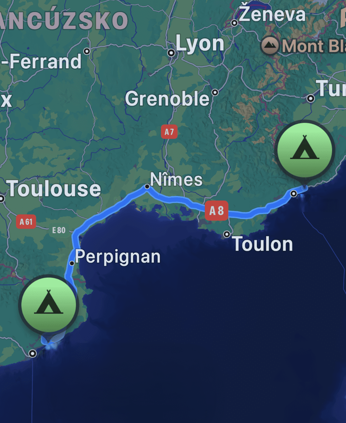 Mapa trasy campervan roadtripu z Barcelony do Mentonu po pobreží Francúzska